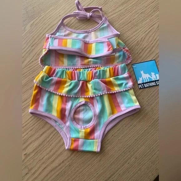 🆕Stripped Multicolor Woof Bathing Suit for Dogs S🆕 - Picture 3 of 8
